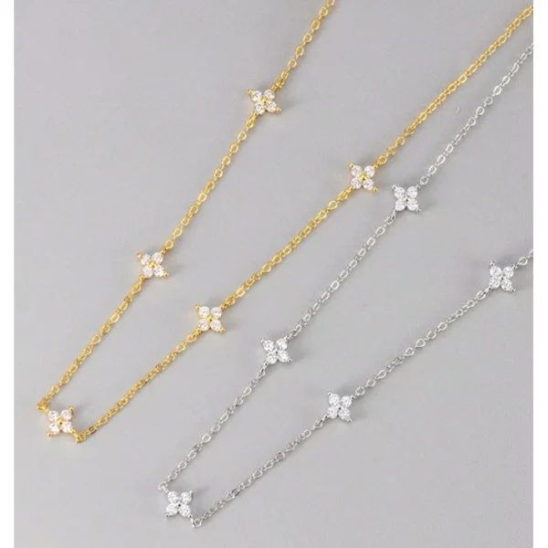 Vòng cổ đeo cổ kim cương lát hoa bằng bạc S925 Sterling, Vòng cổ nhiều lớp cỏ bốn lá tối giản dành cho nữ - Hình ảnh 2