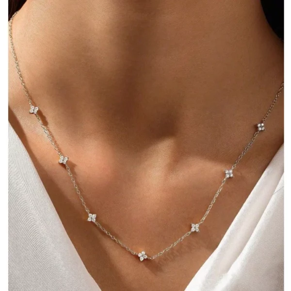 Vòng cổ đeo cổ kim cương lát hoa bằng bạc S925 Sterling, Vòng cổ nhiều lớp cỏ bốn lá tối giản dành cho nữ - Hình ảnh 3