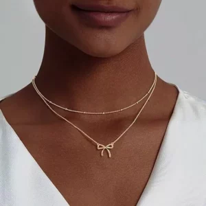 Vòng cổ nữ hình nơ, dây chuyền mạ vàng 14K nhiều lớp – choker kiểu dáng thanh mảnh, thời trang