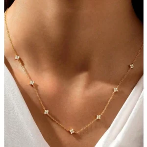 Vòng cổ đeo cổ kim cương lát hoa bằng bạc S925 Sterling, Vòng cổ nhiều lớp cỏ bốn lá tối giản dành cho nữ