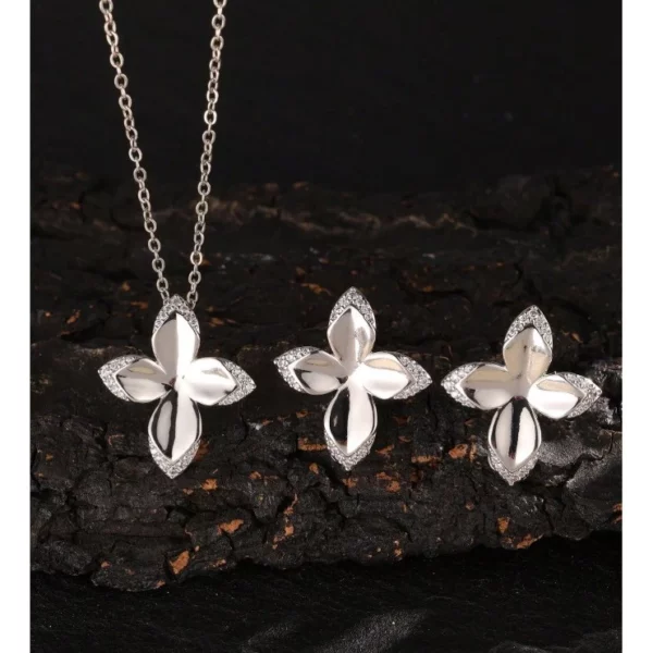 Rakol 3 Bộ trang sức Vòng cổ & Bông tai hình khối Cubic Zirconia cỏ bốn lá tối giản - Hình ảnh 4