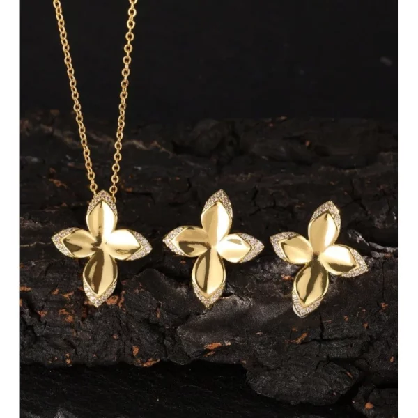 Rakol 3 Bộ trang sức Vòng cổ & Bông tai hình khối Cubic Zirconia cỏ bốn lá tối giản - Hình ảnh 3